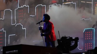 The Weeknd performing during the Pepsi Super Bowl 55 Halftime Show