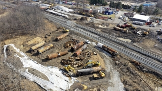 Aftermath of the train derailment in East, Palestine, Ohio.