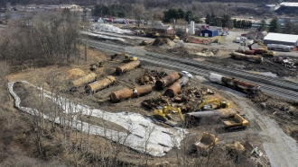 Feb. 24, 2023, site of a Norfolk Southern freight train derailment, Feb. 3 in East Palestine, Ohio.