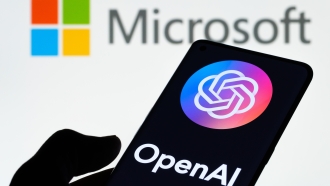 Photo illustration of Microsoft and OpenAI logos.