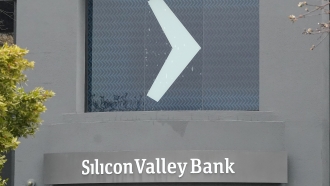 A Silicon Valley Bank sign is shown at the company's office in Santa Clara, Calif.
