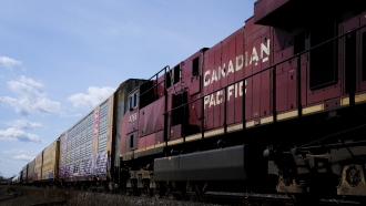 Canadian Pacific trains sit at the main CP Rail train yard in Toronto, Canada
