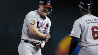 United States' Mike Trout celebrates after hitting a two-run single against Colombia in the World Baseball Classic.