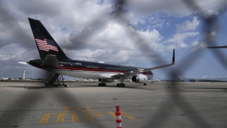 Donald Trump's plane at an airport in Florida.