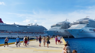 People walk on a dock in front of cruise ships