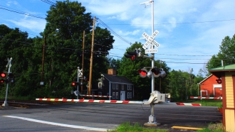 A train crossing is shown.