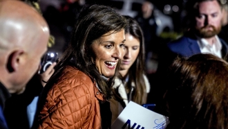 Republican presidential candidate former UN Ambassador Nikki Haley greets members of the audience