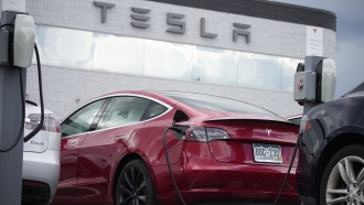 A Tesla is seen charging.