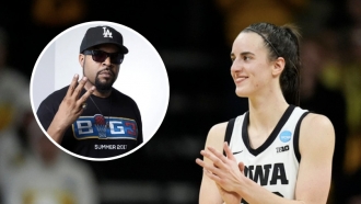 This combination photo shows Big3 co-founder O'Shea "Ice Cube" Jackson, left, and Iowa women's basketball star Caitlin Clark.