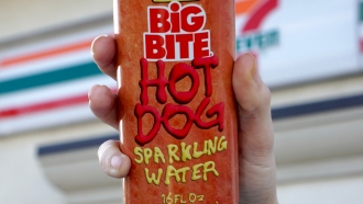 A can of Big Bite Hot Dog Sparkling Water