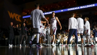 Gonzaga forward Ben Gregg (33) is announced in the starting lineup before an NCAA college basketball game.