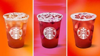 Three side-by-side images of Starbucks' new drinks