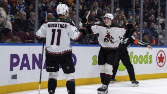 Arizona Coyotes' Dylan Guenther (11) celebrates with Logan Cooley (92) after scoring.