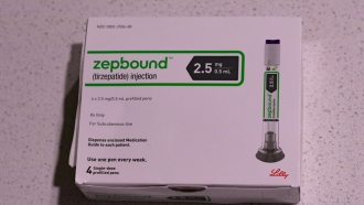 A closed box of the starter 2.5mg dose of Eli Lilly’s weight loss injectable, Zepbound.