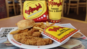 Fried chicken tenders, french fries, and a buttermilk biscuit at a Bojangles’ restaurant in Columbus, Georgia.