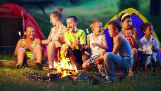 Kids roasting marshmallows on campfire.