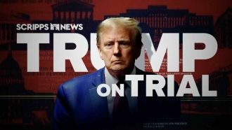 A logo for Scripps News' "Trump on Trial" segment