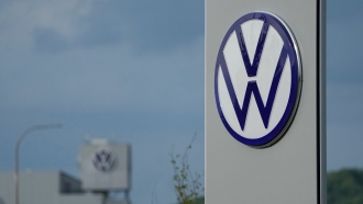 A VW logo is seen outside the Volkswagen automobile plant in Chattanooga, Tenn.