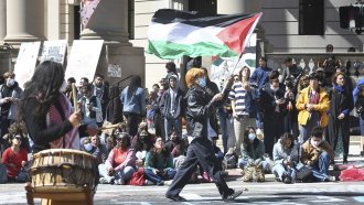 Several hundred students and pro-Palestinian supporters rally on the campus of Yale University in New Haven, Conn.