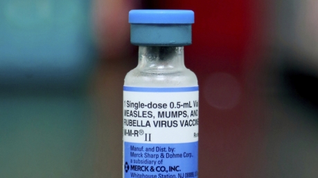 A vial of a measles, mumps and rubella vaccine.
