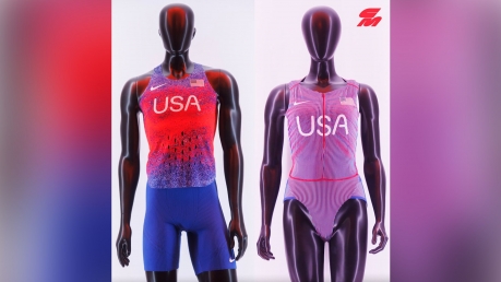 US men and women's Olympic track and field uniforms appear on mannequins