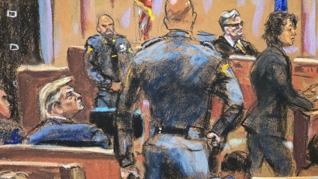A courtroom sketch in the Trump hush money trial.