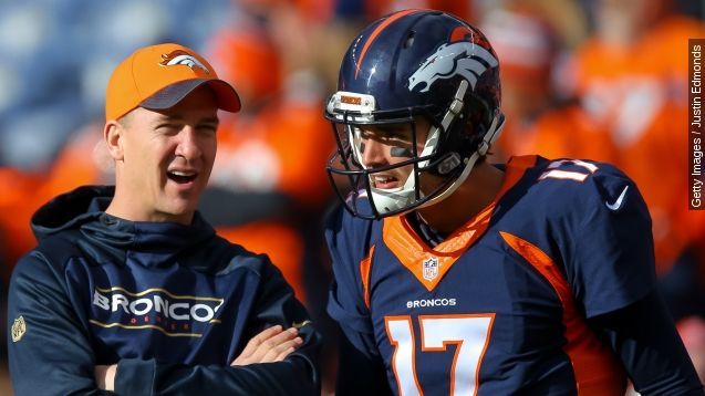 Injured quarterback Peyton Manning of the Denver Broncos, left, has a word with quarterback Brock Osweiler #17 as players warm up before a game against the Oakland Raiders at Sports Authority Field at Mile High on December 13, 2015 in Denver, Colorado.