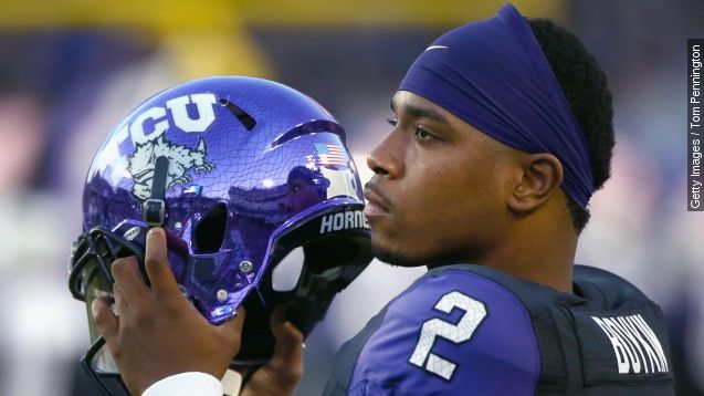 Trevone Boykin No. 2 of the TCU Horned Frogs prepares to take the field against the West Virginia Mountaineers in the first quarter at Amon G. Carter Stadium on October 29, 2015 in Fort Worth, Texas.