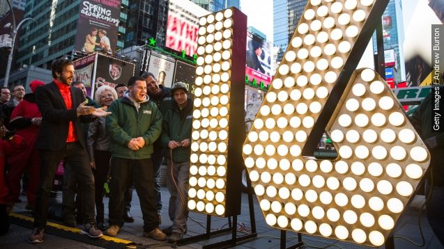 The numerals '1' and '6,' to be used to spell out '2-0-1-6' during the Times Square New Years Eve celebration, are unveiled in Times Square on December 15, 2015 in New York City.