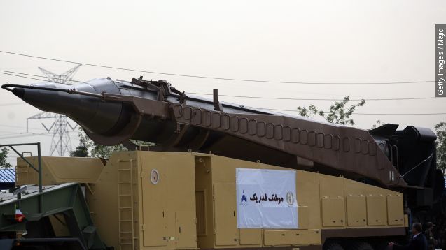 n Iranian surface to surface Ghadr-1 missile is seen during the annual army day military parade on April 17, 2008 in Tehran, Iran.