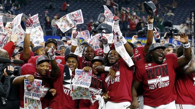 Alabama celebrates their berth into the College Football National Championship Game.