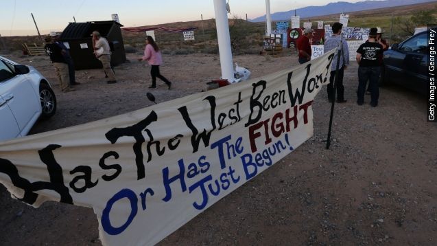 A protest sign hangs near Cliven Bundy's ranch in Nevada