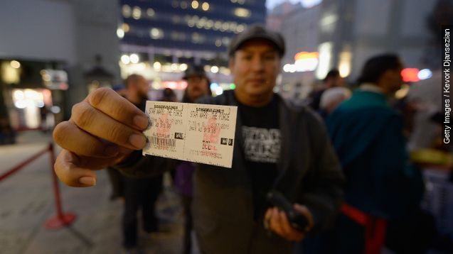 A man holds a ticket for "Star Wars: The Force Awakens"