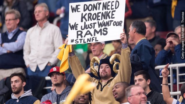 A fan displays a sign in support of keeping the St. Louis Rams in St. Louis during the final home game of the season against the Tampa Bay Buccaneers at the Edward Jones Dome on December 17, 2015 in St. Louis, Missouri.