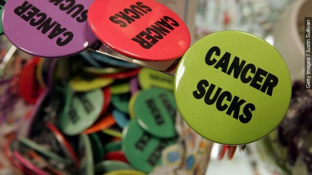 Buttons with the words 'cancer sucks' are seen on display in the gift shop at the UCSF Comprehensive Cancer Center August 18, 2005 in San Francisco, California.