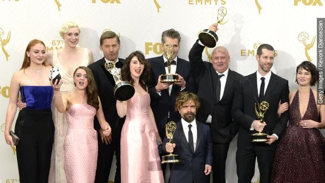 Actors Sophie Turner, Gwendoline Christie, Maisie Williams, Nikolaj Coster-Waldau, Carice van Houten, writer David Benioff, actor Peter Dinklage, Conleth Hill, writer D. B. Weiss, Lena Headey, director David Nutter and actors John Bradley-West and Alfie Allen, winners of Outstanding Drama Series for 'Game of Thrones', pose in the press room at the 67th Annual Primetime Emmy Awards at Microsoft Theater on September 20, 2015 in Los Angeles, California.