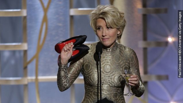 In this handout photo provided by NBCUniversal, Presenter Emma Thompson speaks onstage during the 71st Annual Golden Globe Award at The Beverly Hilton Hotel on January 12, 2014 in Beverly Hills, California.