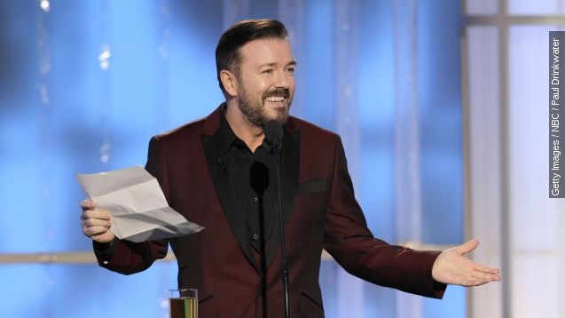 In this handout photo provided by NBC, host Ricky Gervais performs onstage during the 69th annual Golden Globe Awards at the Beverly Hilton International Ballroom on Jan. 15, 2012, in Beverly Hills, California.