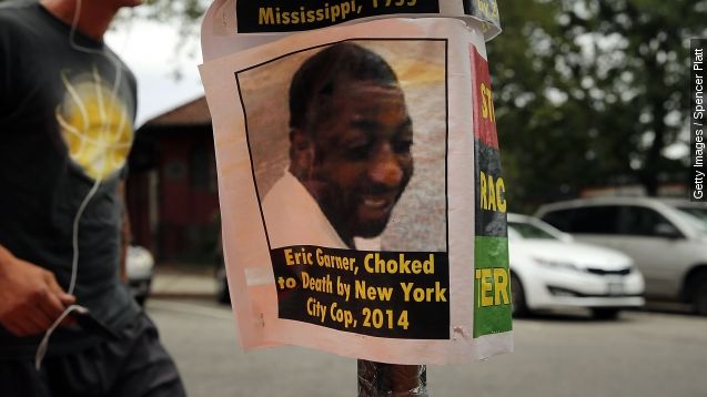 A flyer with a picture of Eric Garner is seen near where he was killed in an encounter with an NYPD officer in July on August 22, 2014 in the borough of Staten Island in New York City