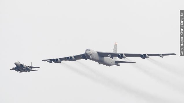 A U.S. Air Force B-52 bomber flies over Osan Air Base on January 10, 2016 in Pyeongtaek, South Korea. South Korea and the United States have deployed the B-52 Stratofortress, a long-range strategic bomber over the Korean Peninsula three days after North Korea said it has tested a hydrogen bomb.
