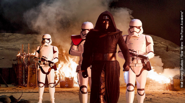 Kylo Ren leads First Order stormtroopers.