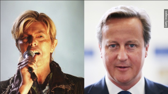 Side-by-side image of singer-songwriter David Bowie and British Prime Minister David Cameron. While reporting the death of music icon David Bowie, a Heart FM newscaster accidentally said David Cameron died of cancer instead.
