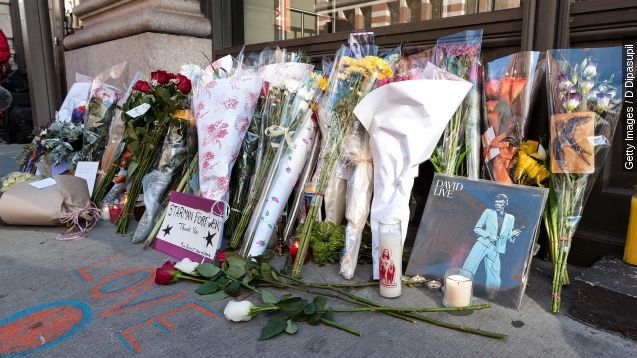 view of flowers and tributes placed outside David Bowie's apartment on January 11, 2016 in New York, United States. Bowie passed away on Sunday, January 10th at the age on 69 after an 18 month battle with cancer.
