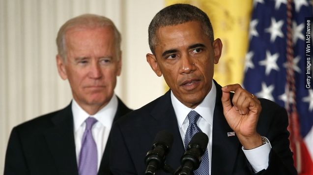 U.S. President Barack Obama (R) speaks, with Vice President Joe Biden (L) behind him, at the launch of the 'It's On Us' campaign.