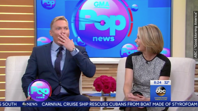 Sam Champion's face after he's called out for mispronouncing co-worker Lara Spencer's name.