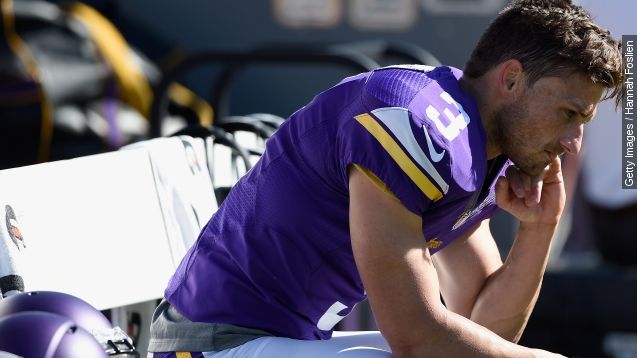 Blair Walsh #3 of the Minnesota Vikings sits on the bench before the game against the San Diego Chargers on September 27, 2015 at TCF Bank Stadium in Minneapolis, Minnesota.