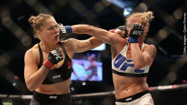 Ronda Rousey of the United States (L) and Holly Holm of the United States compete in their UFC women's bantamweight championship bout during the UFC 193 event at Etihad Stadium on November 15, 2015 in Melbourne, Australia.