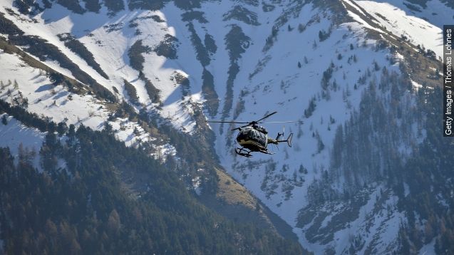 Rescue workers and gendarmerie continue their search operation near the site of the Germanwings plane crash on March 29, 2015 in Seyne les Alpes, France.