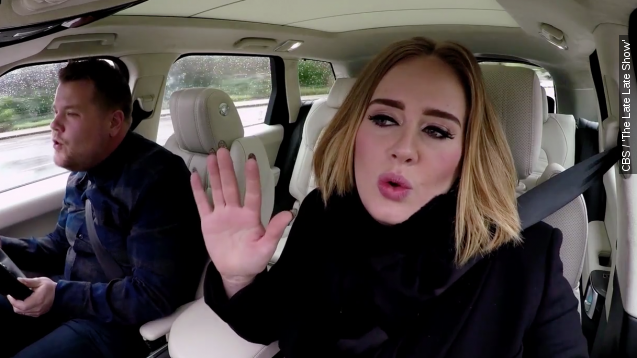 Adele and James Corden sing during 'The Late Late Show.'