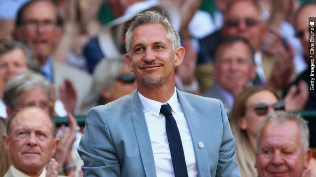 Gary Lineker is introduced to Centre Court during day six of the Wimbledon Lawn Tennis Championships at the All England Lawn Tennis and Croquet Club on July 4, 2015 in London, England.